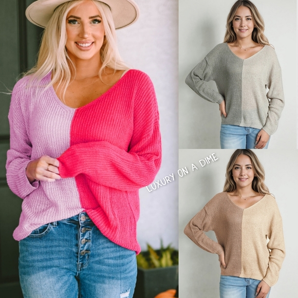Color Block Two-Tone Contrast V-Neck Lightweight Shirt Pullover Knit Sweater Top - Picture 9 of 9